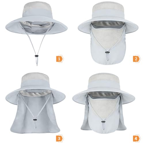 ZOORON Sun Hats for Men Women with Neck Flap Fishing UPF 50+ UV Protection - color: Light Grey (With Face Cover)
