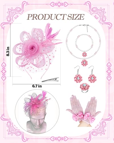 Girls Tea Party Fascinators Hats Girls Church Hats 20s 50s Pillbox Hat Cocktail Mesh Flower Pearl Feather Headband - color: Pink