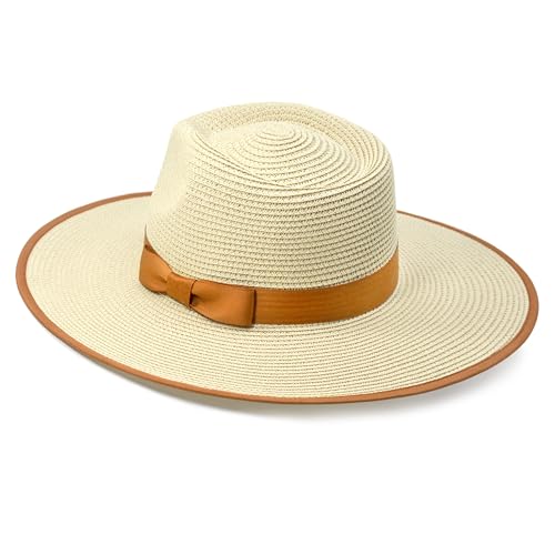 FLUFFY SENSE. Unisex Wide Brim Sun Hat Straw Panama Rancher Fedora Hat for Men Beach Hat for Women - color: Beige, size: Medium