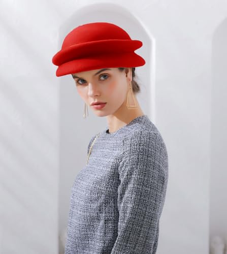 Women's Vintage 100% Wool Felt Cloche Bucket Bowler Hat Winter Vintage Bow Fedoras Church Derby Fascinator Hat - color: B8 Red