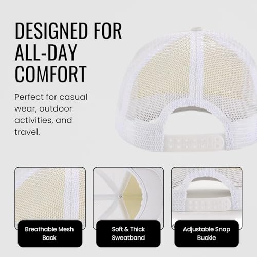 Trucker Hat for Men & Women, Mesh Back Baseball Cap, Adjustable Snapback, Breathable Lightweight Black Cap - color: White (Pack of 1)