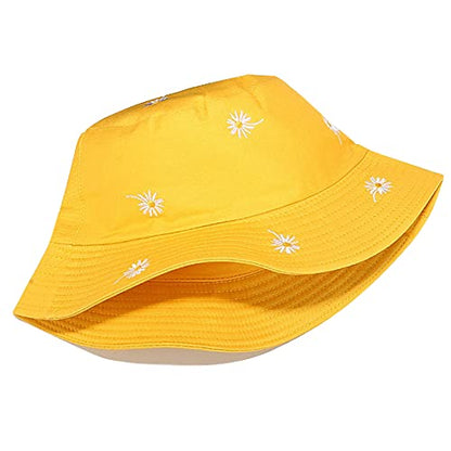 Womens Embroidered Daisy Bucket Hat Reversible Packable Beach Sun Hat - color: Daisy Yellow/Plain Yellow