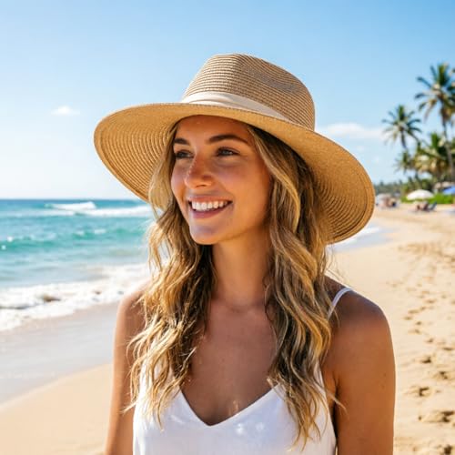 DRESHOW Women Straw Panama Hat Travel Fedora Beach Sun Hat Summer Wide Brim Straw Roll up Hats UPF 50+ - color: Fedora Hat: Kahki (Beige Ribbon)