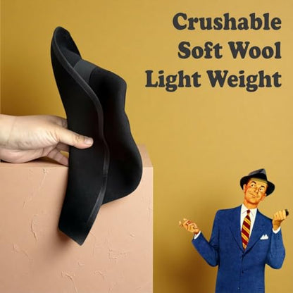 Soft Wool Crushable Mens Fedora Hats for Men Women Black Dress Rolled Wide Brim Hat