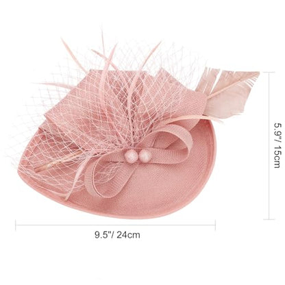 AQOKKA Women Fascinators Hats Flower Mesh Feathers Headband Clip - color: 1 Pc Feather Fascinators : Blush Pink