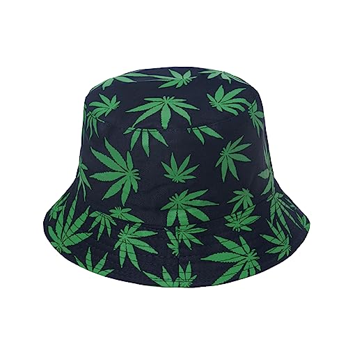 Punk Black Green Red Leaf Weed Fisherman Caps Bucket Hats Hip Hop Gorro Outdoor Men - color: Navy Green