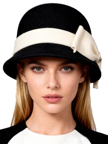HIMESPORT Women's Black White Wool Felt Cloche Hat with Bow Formal Church Tea Party Dress Cocktail Bucket Hats - color: Black