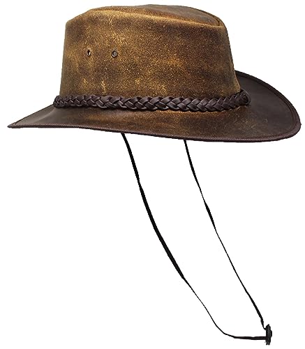 Men's Western Outback Waterproof Oiled Crushable Leather Hat 24H08 - color: Brown, size: Small (56 cm.)