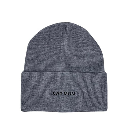 Cat Mom Cat Dad Beanie Collection – Jacquard Pom Pom Hats & Double-Layer Embroidered Beanies for Pet Lovers - color: Cat Mom Embroidery Gray Hat