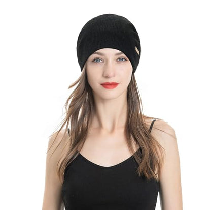 ZLYC Women Slouchy Beanie Hat Summer Knit Chemo Headwear - color: Solid Black