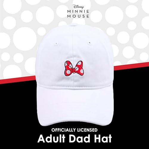 Disney Minnie Mouse Dad Hat, Cotton Adjustable Baseball Cap with Curved Brim - color: White/Red Bow