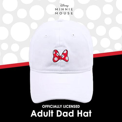 Disney Minnie Mouse Dad Hat, Cotton Adjustable Baseball Cap with Curved Brim - color: White/Red Bow