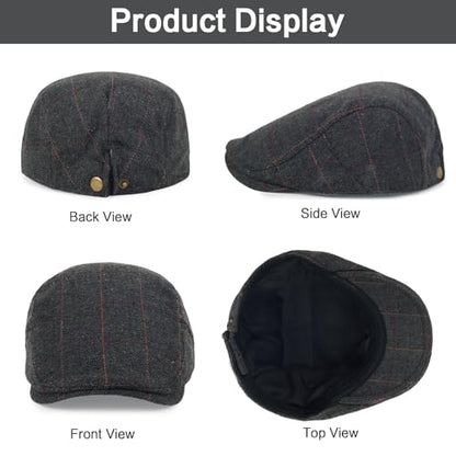 3Pcs Cotton Newsboy Hat for Men Cool Adjustable Flat Cap - color: Plaid-grey+darkgrey+brown
