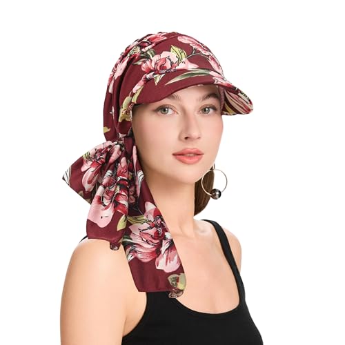 ZLYC Chemo Headwear for Women Brim Visor Head Scarf Pre Tied Headwraps Lightweight Skull Cap - color: Bound Floral Burgundy