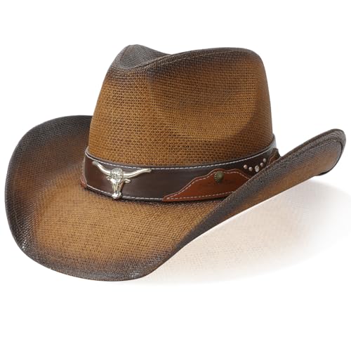 WQWOVRVO Cowboy Hat,Cowgirl Hat,Western Cowboy Hats for Women/Mens/Straw Wide with Shapeable Brim Cowboy Hat for Womens - color: Brown
