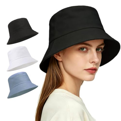 Unisex 3-Pack UV Packable Summer Bucket Sun Hats for Outdoor Activities - color: 3 Black/White/Dusty Blue