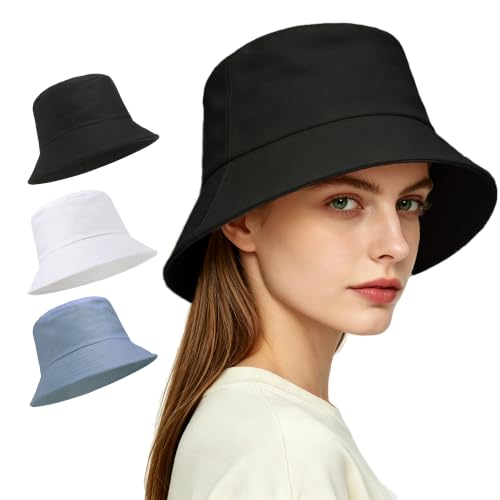 Unisex 3-Pack UV Packable Summer Bucket Sun Hats for Outdoor Activities - color: 3 Black/White/Dusty Blue