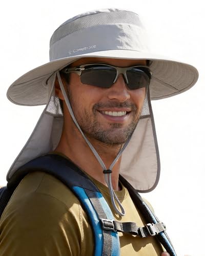 Camptrace Wide Brim Men Sun Hat with Neck Flap UPF Fishing Hiking Gardening - color: 03-grey