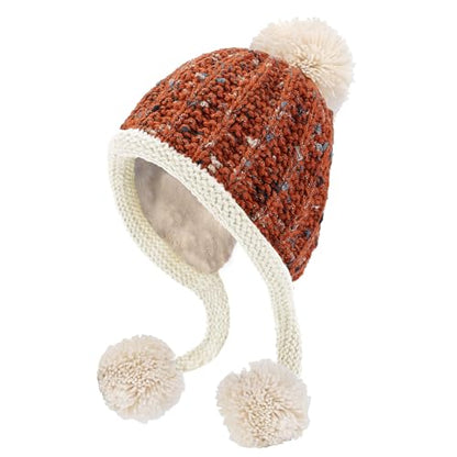 HUAMULAN Women Winter Sherpa Knit Beanie Hat Fleece Lined Ear Flaps - color: Reddish Brown