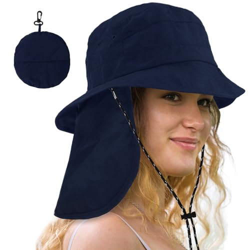 Waterproof Sun Rain Hat for Women Wide Brim UPF50+ UV Protection Packable Men Bucket Safari Fishing Hat with Neck Flap - color: Navy Blue