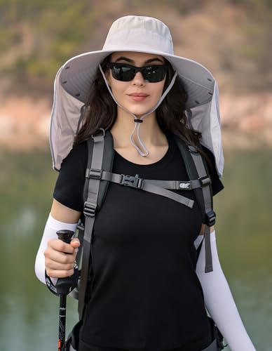 HUAMULAN Women Men Wide Brim Sun Hat Hiking Fishing Hats with Neck Flap - color: Light Gray With Mesh Panel