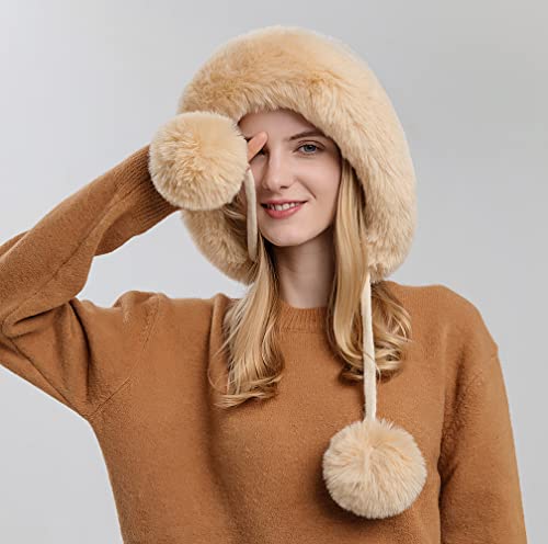 Winter Beanie Hats for Women with Ear Flaps Faux Fur Crochet Skull Cap Warm Outdoor Ski Snow Hats Pompoms - color: Beige