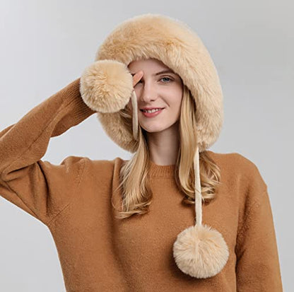 Winter Beanie Hats for Women with Ear Flaps Faux Fur Crochet Skull Cap Warm Outdoor Ski Snow Hats Pompoms - color: Beige