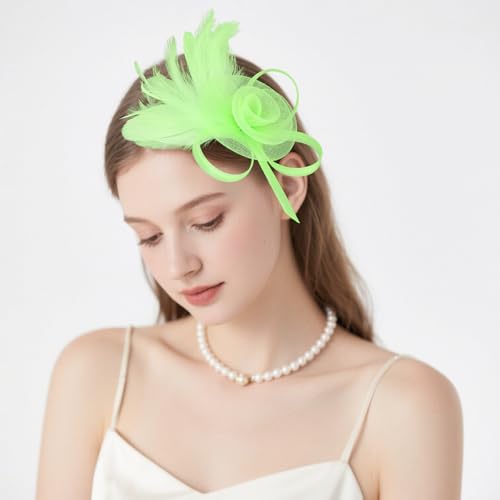 AMCAMI Fascinators Hats with Feather for Women 2026 Derby Hats Small Tea Party Hat with Headband - color: Light Green