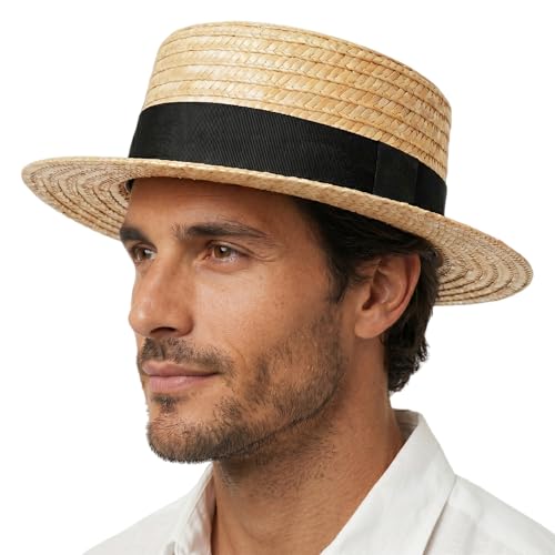 Classic Straw Boater Hat for Men and Women,Vintage Skimmer Flat Top Hat - color: Black Ribbon