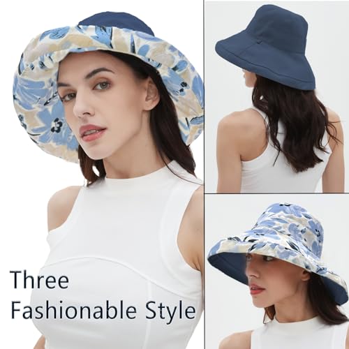 vidsel Womens Sun Hats Wide Brim Reversible Bucket Cotton Hat with Hat Clip - color: Navy Blue, size: Medium