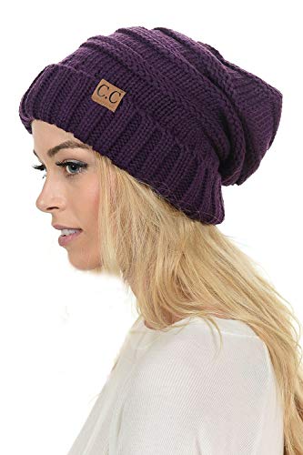 C.C Hat-100 Oversized Baggy Slouch Thick Warm Cap Hat Skully Cable Knit Beanie - color: Dark Purple
