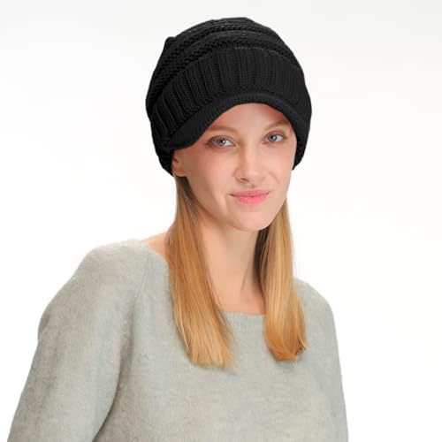 C.C Trendy Warm Oversized Chunky Soft Oversized Ribbed Slouchy Knit Hat with Visor Brim - color: Black