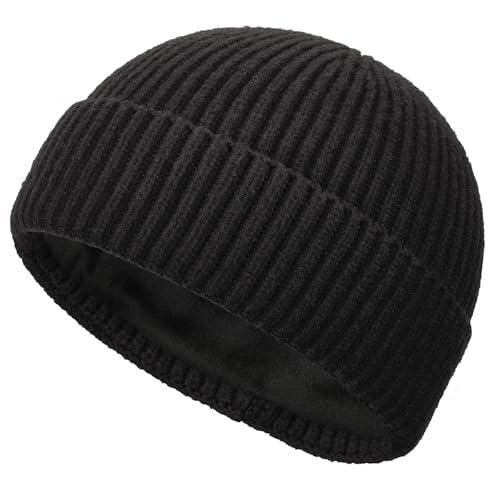 Short Wool Fisherman Beanie for Men Women Fleece Lined Winter Hat - color: 1pcs Black