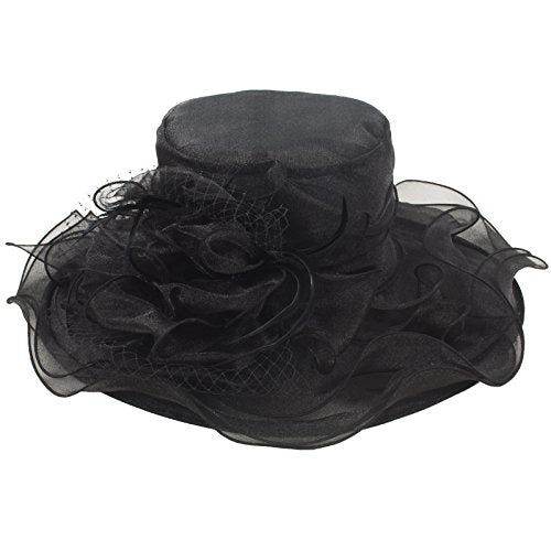 Janey&Rubbins Women's Feathers Floral Fascinating Wide Brim Lightweight Church Derby Hat - color: Black