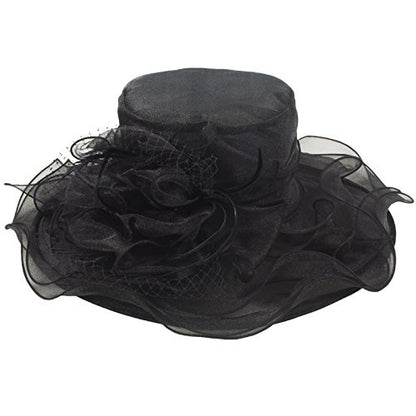 Janey&Rubbins Women's Feathers Floral Fascinating Wide Brim Lightweight Church Derby Hat - color: Black