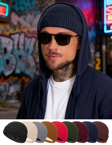 Fleece Lined Wool Short Fisherman Beanie Men Women Cuff Winter Hat - color: 1pc-navy Blue