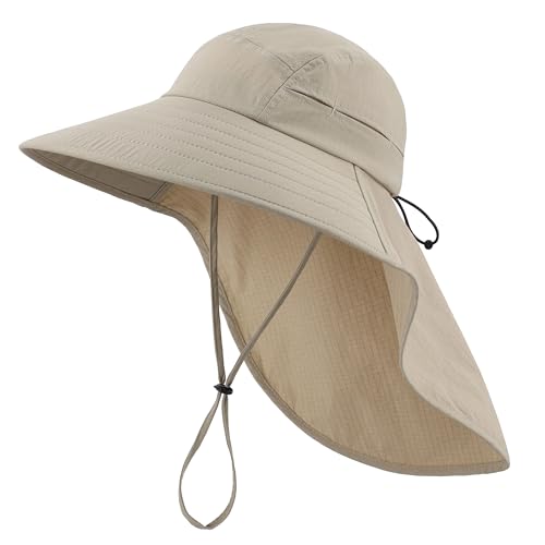Home Prefer UPF 80+ Sun Hat for Men Women Wide Brim Sun Hat with Neck Flap Summer Beach UV Protection Gardening Fishing Hat - color: Khaki
