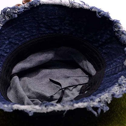 Cotton Denim Distressed Bucket Hat, Sun Hat, Hat for Men and Women - color: Bluc