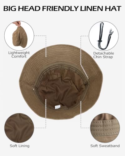 Zylioo XXL Linen Bucket Hat for Big Heads, Summer Travel Sun Hat - color: Coffee, size: X-Large-XX-Large