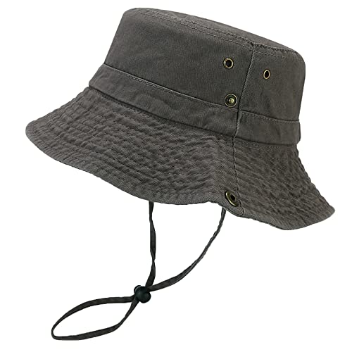 Unisex Cotton Boonie Hat Summer Fishing Bucket Hat Sun Hat with String - color: Solid Dark Grey