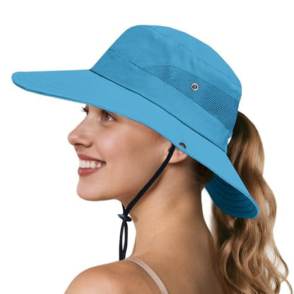 NPQQUAN Ponytail Sun Hats for Women UPF 50+ Wide Visor UV Protection Hat - color: Pure Skyblue(ponytail Hole)