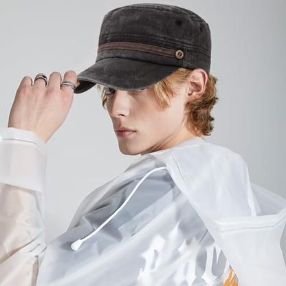 Unisex Cadet Army Cap Adjustable Flat Top Cap Washed Cotton Military Hat Baseball Cap - color: Black 2