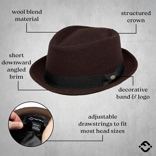 Funky Junque Wool Blend Porkpie Fedora, Classic Trilby Dress Hat - color: Brown, size: Medium