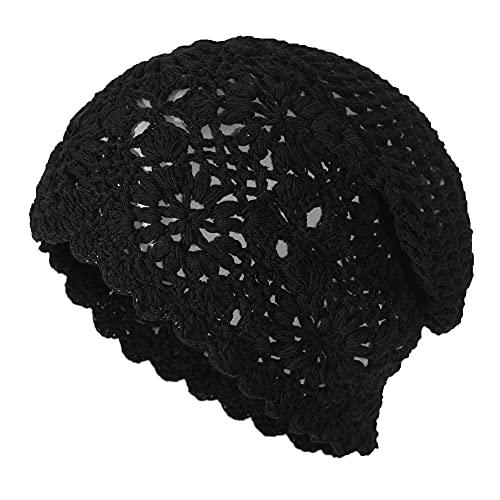ZLYC Women Cotton Crochet Slouchy Beanie Hat Handmade Knit Summer Skull Cap - color: Solid Black