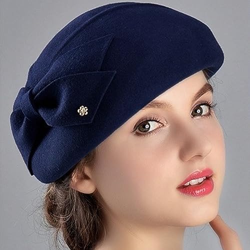 Women Vintage Bowknot Berets with Beading Autumn Winter French Artist Hat Painter Hats Female Bowler Hat Warm Cap - color: Navy