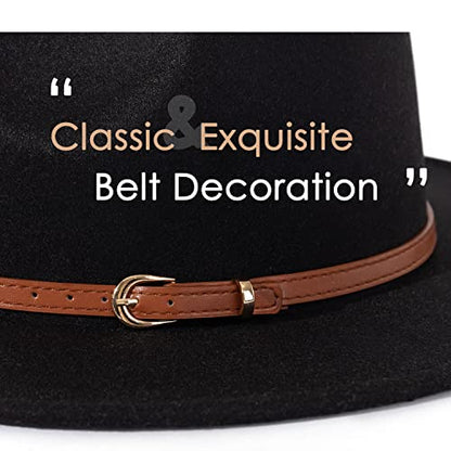 Lisianthus Women Classic Felt Fedora Wide Brim Hat with Belt Buckle - color: R Brown Belt-black