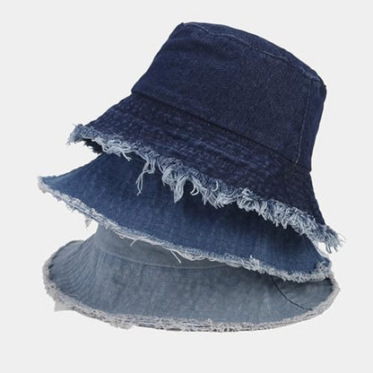 Quanhaigou Frayed Unisex Sun Hats, Fashion Beach Bucket Hat for Men Women,Summer Outdoor Boy's Girls Boonie Cap - color: Frayed Denim Blue
