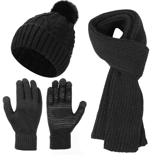 HUAMULAN Women Winter Knit Beanie Hat Circle Scarf Set Pompoms Ear Flaps - color: Black With Scarf and Gloves