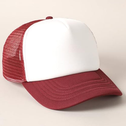MIRMARU 5 Panels Blank Foam Front Two Tone Solid Trucker Mesh Back Baseball Cap with Adjustable Snapback Strap - color: Two Tone-burgundy/White