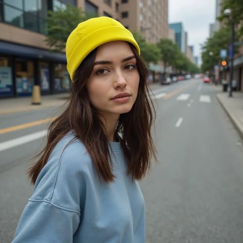Gogobear Mens Brimless Docker Beanie Adjustable Rolled Cuff Sailor Cap - color: Lemon Yellow